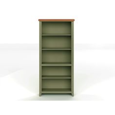 a green bookcase with three shelves on one side and an open shelf on the other