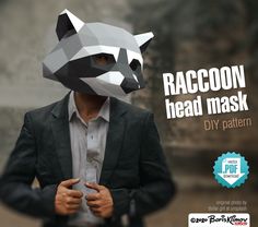 a man in a suit with a raccoon mask on his head and text reading raccoon head mask diy pattern