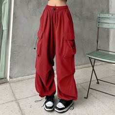 Cargo Pants Women Korean Style Baggy Wide Leg Trousers Streetwear Oversize Sweatpants Female Red Baggy Cargo Pants, Red Parachute Pants, Red Cargos, Cargo Pants Streetwear, Sweatpants Women, Streetwear Pants