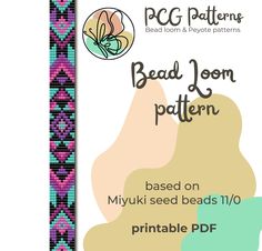 the bead loom pattern is shown in pink, blue and green