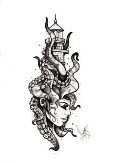 an ink drawing of a woman's face with tentacles around her head and a lighthouse in the background