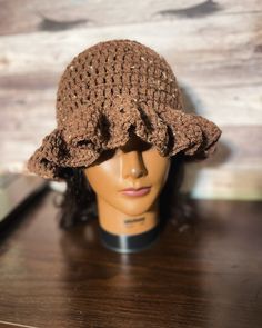 "These are a more relaxed version of the Blooming Ruffle Beanie. Still all uniquely hand made and a great addition to your wardrobe. Please leave your color choice in the \"Note to Seller\" section at checkout. Made with 100% high quality soft acrylic yarn Pictured is the colorway \"Rocky Road\" and it's brown with black, tan, & white yarn flecks." Brown Crochet Knit Hat For Fall, Brown Knit Crochet Hat One Size, Casual Lightweight Crochet Hat In Brown, Casual Lightweight Brown Crochet Hat, Bohemian Crochet Hat For Beach In Fall, Bohemian Crochet Beach Hat For Fall, Knit Crochet Hat For Fall, Brown Acrylic Yarn Hat For Fall, Brown Crochet Knitted Hat For Spring