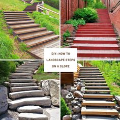 DIY: How to Landscape Steps on a Slope - Struck Corp Stairs In Grass Slope, Landscape On A Slope Side Of House, Steps For A Sloped Yard, Slope Stairs Landscape, Hillside Steps Sloped Backyard Garden Stairs, In Ground Steps, Steep Hillside Landscaping Sloped Yard Stone Steps