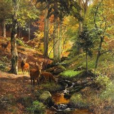 a painting of deer in the woods by a stream