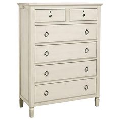 a white dresser with drawers and knobs on the bottom drawer, against a white background