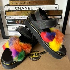 Dr. Doc Martens Voss Ii Fluffy Faux Fur Strap Platform Sandals Rainbow Multi Color/ Black Leather. Eu Size 37 / Us Women's 6 They Run Large, Can Fit Us 6.5 Also Logo Adjustable Buckle Straps Hydro Is A Smooth Pu-Coated Leather With A Matte Finish Softwair Memory Foam Footbed Ensures Comfort From The First Step Built On The Super-Lightweight Eva Sole, With A Ripple Tread Platform Height: 1 1/2 In; Heel Height: 17/8 In Brand New With Dr Martens Box Without Lid.