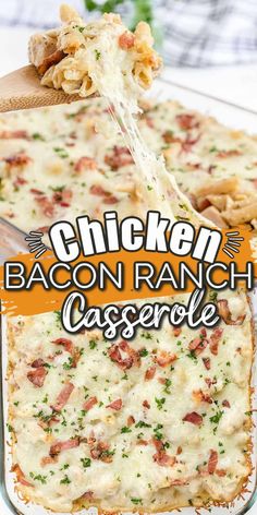 the chicken bacon ranch casserole is being lifted with a spatula from a glass dish