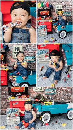 a collage of photos with a baby in overalls