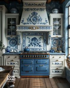 a blue and white kitchen with an oven in the middle, cabinets on both sides