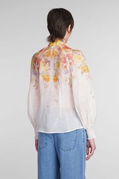 55% linen, 45% silk Spring Linen Blouse With Floral Print, Spring Linen Floral Print Tops, Spring Floral Print Linen Tops, Fitted Linen Top With Floral Print, Fitted Floral Print Linen Top, Daywear Linen Blouse With Floral Print, Linen Floral Print Blouse For Daywear, Linen Blouse With Floral Print For Daywear, Elegant Linen Spring Blouse