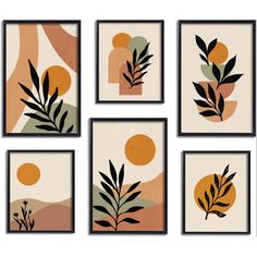 six framed art pieces with different shapes and sizes, each depicting leaves on the same wall