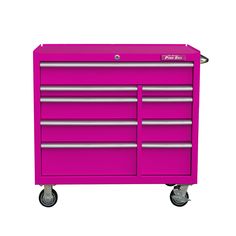 This 41-Inch 9-drawer rolling cabinet by The Original Pink Box provides plenty of room to organize tools of different sizes and trades. Each drawer is equipped with 100-pound load rated slides, with double slides in the top drawer and 2 bottom drawers, increasing their capacity to up to 200 pounds each. Ball bearings provide an effortless glide and the lever release feature allows for easy drawer removal. A locking latch and hold-in detents help prevent accidental opening. Full length aluminum pulls have a generous grip, and pre-cut, non-adhesive, woven non-slip liners protect and cushion your items. Sturdy 18-gauge steel is powder coated inside and out to resist abrasions and wear, keeping the color vibrant for years to come. A locking bar secures the slides internally with a 7-pin cylind Pink Tool Box The Home Depot, Spray Painted Tool Box, Pink Workshop, Pink Tool Box, Girl Tools, Organize Tools, Pink Drawers, Rolling Cabinet, Bear Quotes