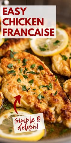 the easy chicken francaise recipe is ready to be cooked in the oven with lemons and parsley