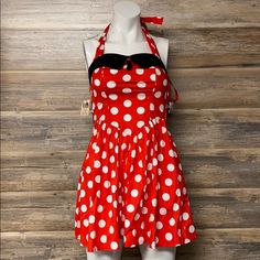 Hell Bunny Doris Dress Red With White Polka Dots, Black Collar & Ribbon Waist Tie Full Elastic Back, Side Zip, Halter Tie Waist: 24" Pit To Pit: 14" Brand New With Tags Fitted Polka Dot Mini Dress For Beach, Fitted Polka Dot Beach Dress, Polka Dot Pinup Dress For Summer, Summer Pinup Polka Dot Dress, Summer Polka Dot Pinup Dress, Red And White Polka Dot Dress, Red Tartan Dress, Black Pinafore, Rose Print Dress