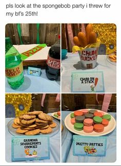 the table is set up for a birthday party with cookies and ice creams on it