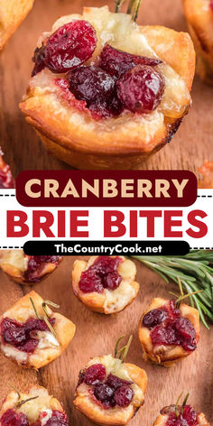 cranberry brie bites on a wooden cutting board