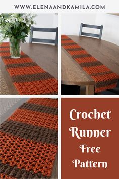 the crochet runner free pattern is shown in three different pictures, including one with an orange and brown stripe