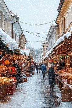 people are walking through an outdoor market in the snow