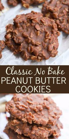 chocolate no bake peanut butter cookies are stacked on top of each other and ready to be eaten