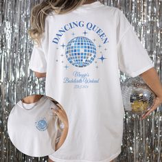 Last Disco Bridal Party Shirts with a "Dancing Queen" theme are stylish and personalized garments perfect for a disco-inspired bachelorette celebration. These custom shirts feature funky disco designs and the "Dancing Queen" label, adding a touch of retro flair to the pre-wedding festivities. The shirts become a fabulous and fashionable way for the bride and her bridal party to dance the night away while commemorating the last disco-themed bash before the wedding. As cherished mementos, these sh Disco Bridal Party, Disco Bride, Honey Shirt, Last Disco, Disco Theme, Bride Shirt, Blue Theme, Queen Shirts, Dance Shirts