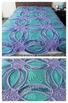 two pictures of the same blanket on top of a bed, one with blue and purple crochet