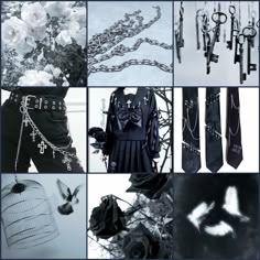 black and white collage with many different things in the image, including flowers, chains, roses, birds, birdcage