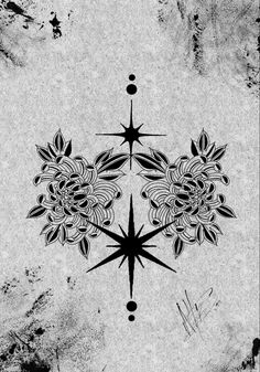 a black and white drawing of a star with flowers on the center, surrounded by stars