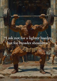 a painting of a man lifting a barbell in front of other men with words above them