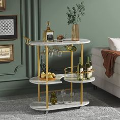 a living room scene with focus on the bar cart