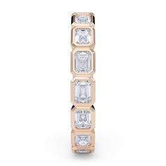 This stunning 14K rose gold true eternity band is a perfect blend of elegance and sophistication. It features a series of bezel-set emerald-cut lab grown diamonds, this piece is sure to add a touch of luxury to any jewelry collection.Stone count varies by ring size. The total minimum carat weight is approximate and will vary by ring size. GCAL is the premier, independent diamond grading lab with the highest standards in the industry. GCAL certification provides identification and forensic detail Luxe Jewelry, Monogram Jewelry, Solitaire Studs, Forensic, Zodiac Jewelry, Eternity Band Ring, Bezel Set Diamond, Demi Fine Jewelry, Childrens Jewelry