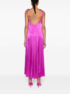 Find PNK Ruffled Silk Maxi Dress on Editorialist. This silk maxi dress features a V-neck, adjustable spaghetti straps, sleeveless, a scoop back, a flared calf-length silhouette, and a straight hem. The dress is made of silk satin with ruffled detailing. Pink Tie Back Slip Dress For Party, Chic Purple Slip Dress For Party, Purple Sleeveless Silk Satin Dress, Purple Satin V-neck Slip Dress, Purple Sleeveless Evening Slip Dress, Pink Silk Slip Dress For Date Night, Summer Evening Satin Dress With Adjustable Straps, Satin Finish Slip Dress For Evening And Summer, Evening Slip Dress With Satin Finish For Summer