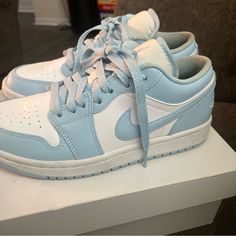 I Bought These For My Daughter Last Year Around Christmas They Have Been Worn 4 Times.There Are Slight Creases On The Toe Box Of The Shoes & A Few Scratches On The Box But Besides That Theres No Other Defects. (Comes With Original Box) Jordan 1 Ice Blue, Ice Blue Color, Womens Jordans, For My Daughter, Ice Blue, Jordan Shoes, Jordan 1, My Daughter, Womens Shoes Sneakers