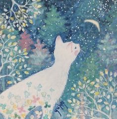 a painting of a cat looking up at the stars in the night sky with trees and flowers