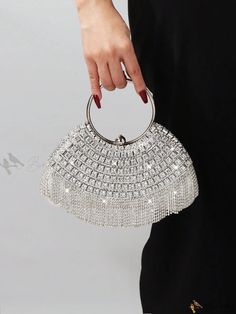 Bird in Bag - Glamorous Women's Clutch Bag with Shimmering Diamond Embellishments Silver Bling Bags For Night Out, Silver Handheld Bag With Bling, Silver Bling Handheld Bag, Silver Bags With Rhinestone Fringe For Events, Silver Bag With Rhinestone Fringe For Events, Silver Embellished Bags For Night Out, Glamorous Handheld Clutch, Glamorous Embellished Silver Bag, Silver Bags With Rhinestone Fringe For Formal Occasions