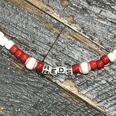 Handmade Beaded Necklace Baseball Cincinnati Reds Adjustable Red Beaded Necklace With Letter Beads, Adjustable Red Beaded Letter Necklaces, Adjustable Red Necklace With Letter Beads, Red Beaded Bracelets With Letter Beads For Game Day, Casual Red Beaded Bracelet For Sports Events, Red Casual Letter Beads, Casual Red Beaded Necklaces, Adjustable Red Beaded Casual Necklaces, Adjustable Red Casual Beaded Necklaces