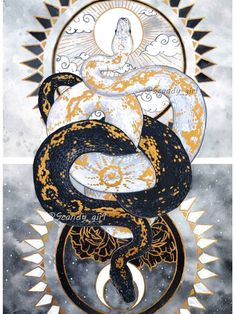 a drawing of a snake on top of a white and black background with gold accents