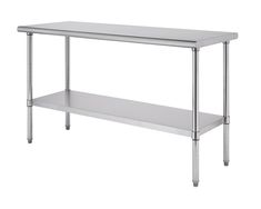 stainless steel work table with shelf on the bottom and two legs, isolated against a white background