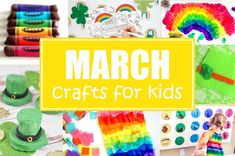 the march crafts for kids are featured in this collage with rainbows and hats