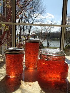 three jars filled with red liquid sitting on top of a table next to a window