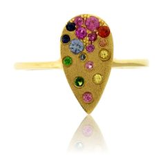 Yellow Gold Multi-stone Teardrop Rings, Gold Teardrop Multi-stone Ring, Rainbow Sapphires, Tsavorite Garnet, Satin Finish, Gold Satin, Detailed Ring, Ring Sizer, Elegant Ring