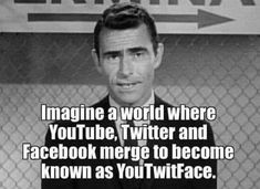 a man in a suit and tie standing next to a fence with the caption imagine a world where youtube, twitter and facebook merge to become known as you