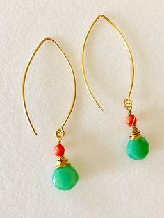 "Lovely Apple green faceted chrysoprase briolettes wire wrapped with Angel skin coral beads hang from 24k gold vermeil ear wires. High quality faceted heart briolettes are approximately 9-10 mm with luscious opalescent apple green color. Angel skin 4mm coral rounds are a pale orange pink. Gems are wire wrapped in 24k gold vermeil. Sweet dangle earrings are lightweight and measure 2 1/8\" long. Fun pop of color!" Green Gemstone Round Bead Earrings, Green Gemstone Earrings With Round Beads, Round Chrysoprase Earrings Gift, Green Briolette Earrings For Pierced Ears, Gold Chrysoprase Earrings As A Gift, Gold Chrysoprase Earrings For Gift, Green Briolette Earrings For Gifts, Handmade Green Briolette Earrings, Apple Green Color