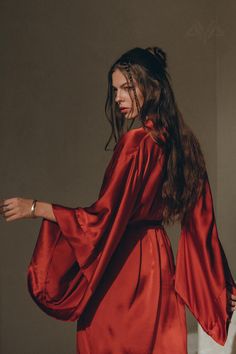 Red Peace Silk Kimnono Priestess Robe Wide Sleeves Robe - Etsy Boho Womens Clothing, Red Silk Dress, Red Kimono, Macrame Dress, Boho Kimono, Long Kimono, Plain Tops, Silk Kimono, Boho Maxi