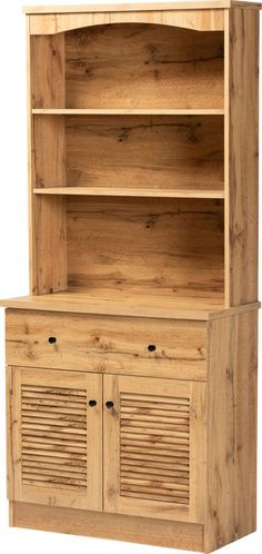 a wooden hutch with shutters and drawers