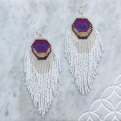 Native beaded fringe brick stitch earrings. Stitch Earrings, Purple Peacock, Peacock Earrings, Native American Beaded Earrings, Brick Stitch Earrings, Native American Beading, Beaded Fringe, Brick Stitch, How To Make Beads