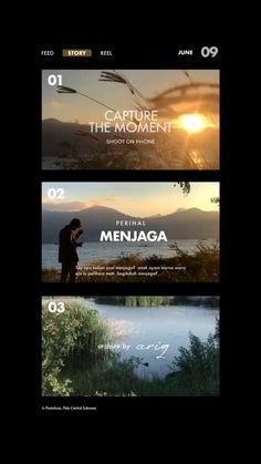 three different webpages with the words capture the moment and menjaga on them