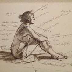 a drawing of a man sitting on the ground with his legs crossed and writing all over him