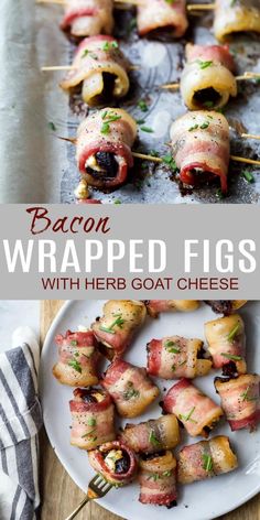 bacon wrapped figs with herb goat cheese on skewers are ready to be eaten