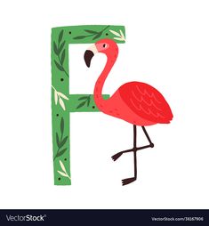 a pink flamingo standing in front of the letter p with leaves on it's legs