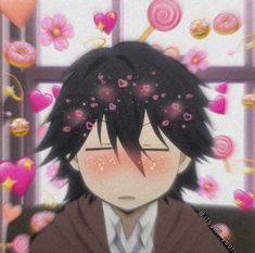 an anime character with black hair wearing a brown jacket and white shirt, surrounded by pink hearts